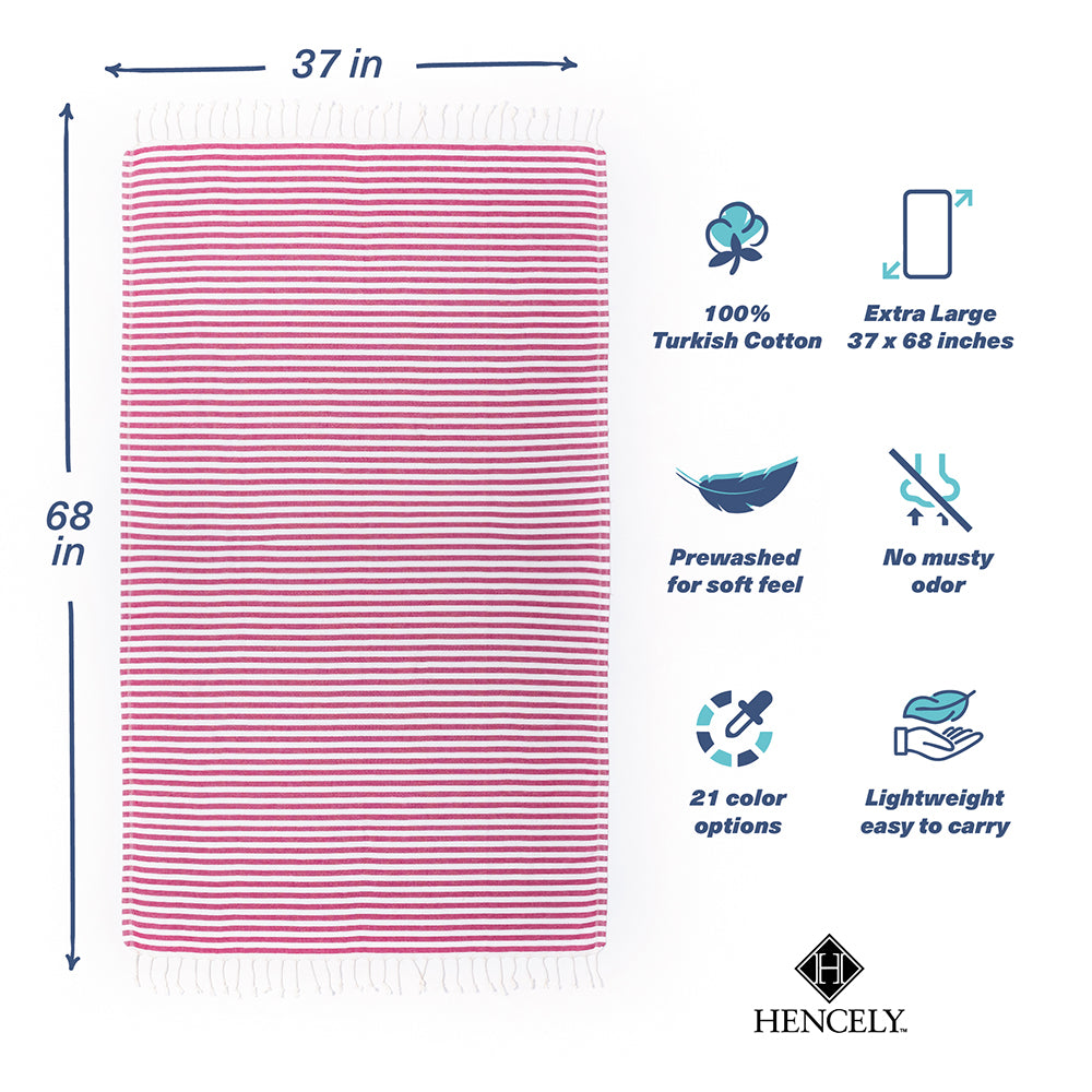 Hencely Turkish Cotton Beach Towel - 37x72 Inches, Lightweight & Quick-Dry, Fuchsia (Also Called Hammam Or Peshtemal Towel)