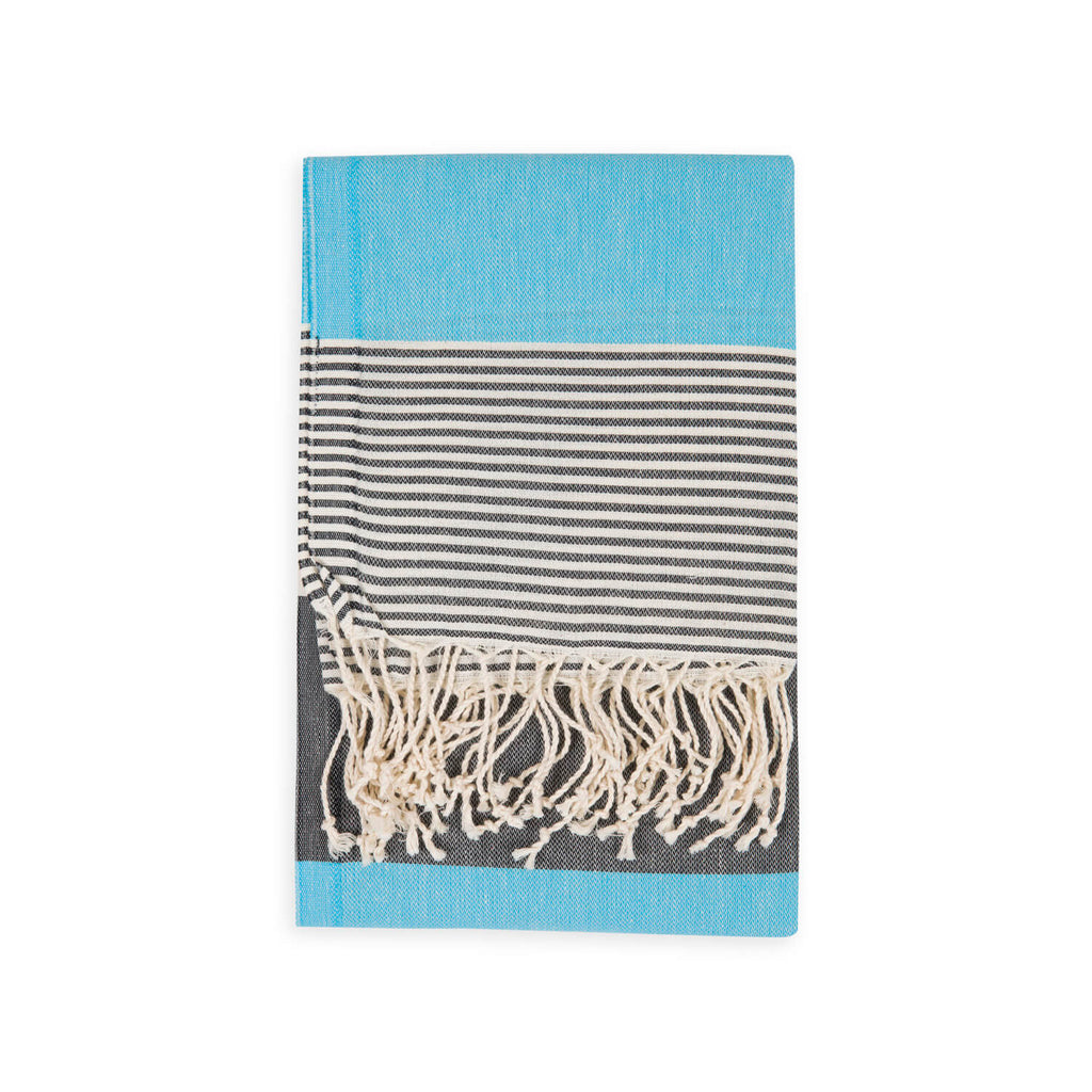 Striped Beach Towel Black Light Blue - Peshtemal Light Turkish Towel - Hencely