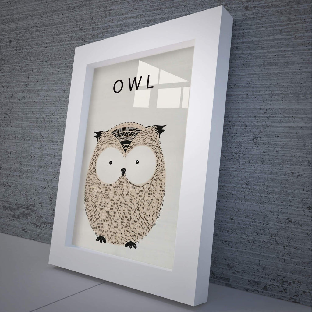 The Owl | White Framed Glass Art | Wall Decor For Kids | Owl Print Wall Art - Hencely