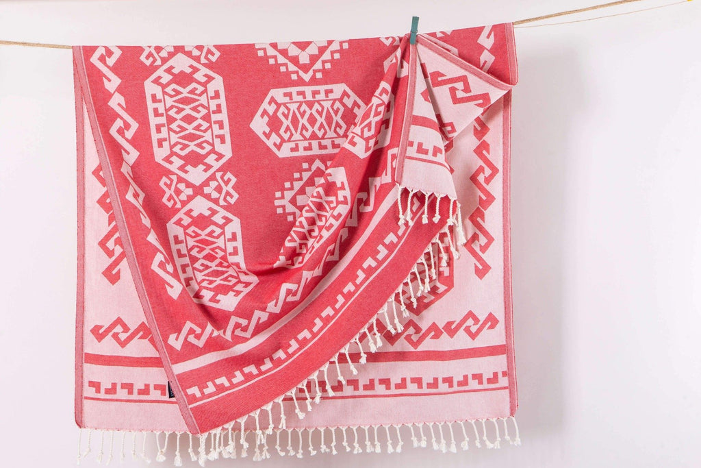 Red color beach towel aztec rug design
