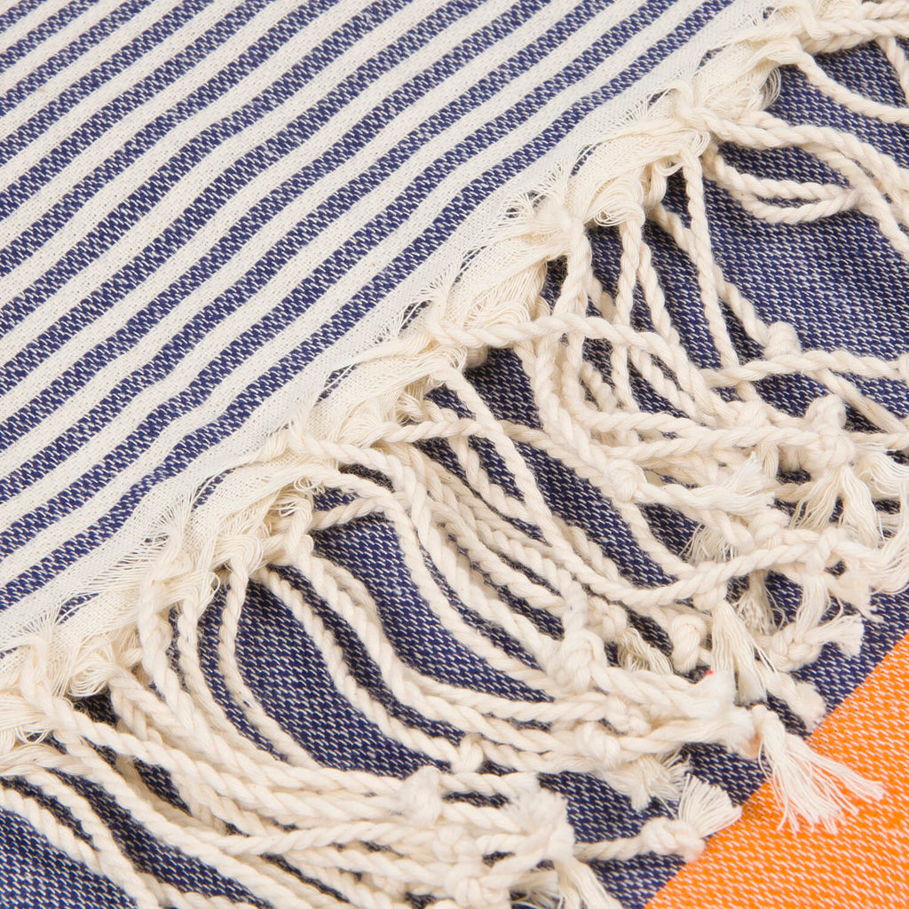 Striped Beach Towel Orange and Navy Blue - Peshtemal Light Turkish Towel - Hencely