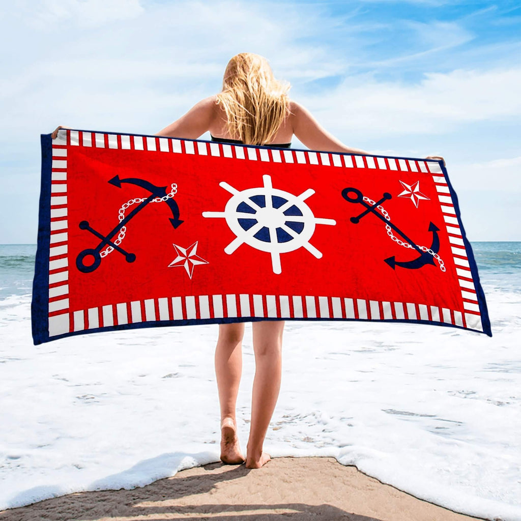 Nautical | Burgundy Beach Towel | % 100 Turkish Cotton | Regular Thickness |  Super Absorbent - Hencely