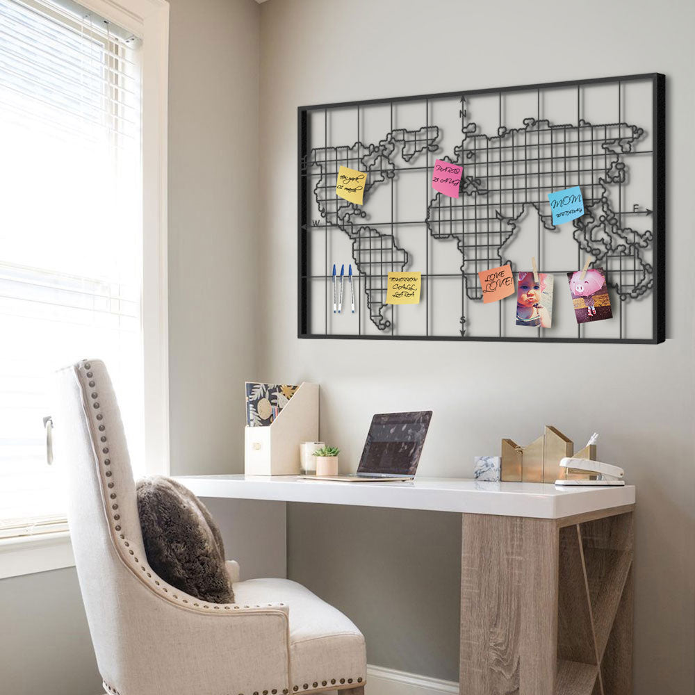 Grid Shaped Metal World Map Wall Hangings Minimal Modern Wall Art Decor Organizer - Hencely