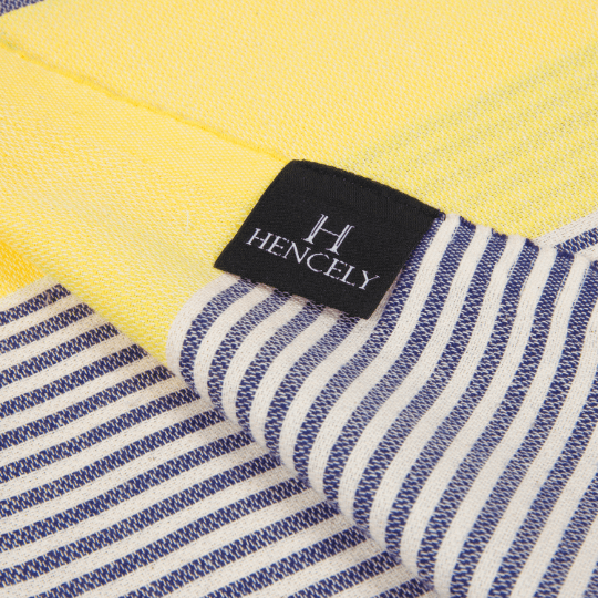 Striped Beach Towel Yellow and Navy Blue - Peshtemal Light Turkish Towel - Hencely