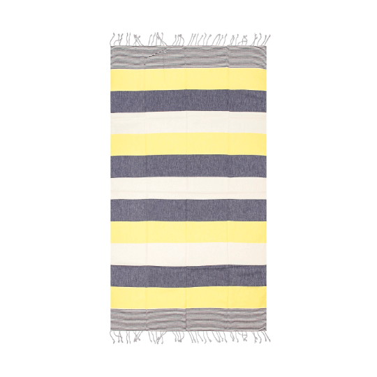 Striped Beach Towel Yellow and Navy Blue - Peshtemal Light Turkish Towel - Hencely