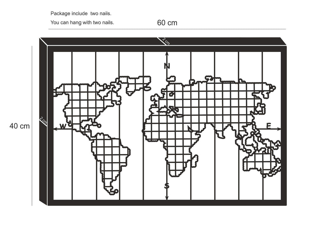 Grid World Map Wall Panel | World Map Wall Organizer | Contemporary Metal Wall Decor - Hencely