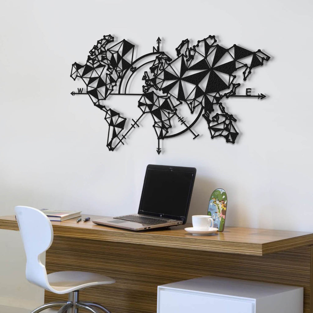 Black Compass World Map | Contemporary Metal Wall Decor | World Map Wall Art - Hencely