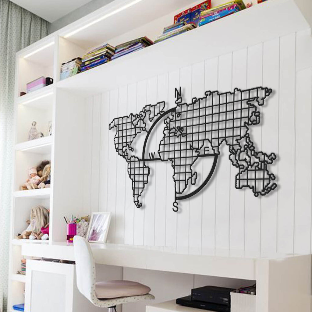 World Map Metal Grid Pegboard & Compass Decorative Metal Wall Decor - Hencely