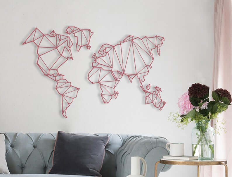Pink World Map | Pink Metal Wall Hanging | Contemporary World Map Wall Art - Hencely