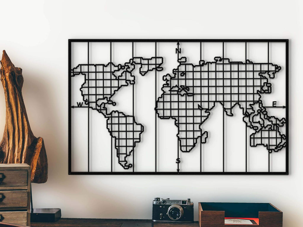 Grid Metal World Map Wall Panel Hanging  - Hencely