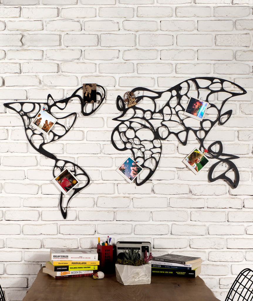 World Map Metal Wall Panel | Decorative Metal Wall Photo Hanger - Hencely
